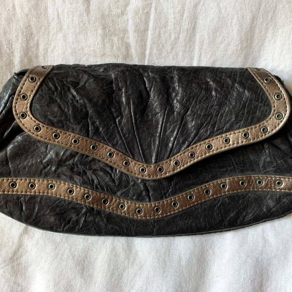 Black Leather Clutch with Gold/Bronze Rivet Detail
